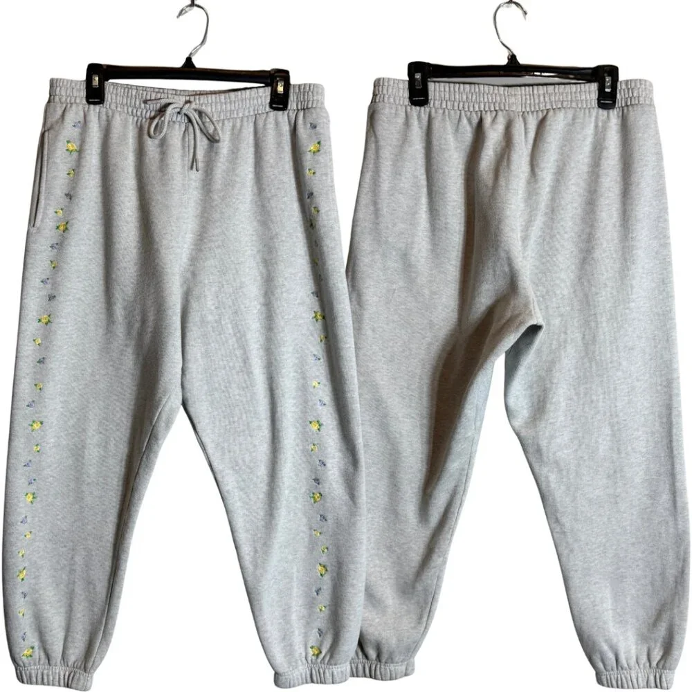 PINK Victoria's Secret Floral Embroidered Fleece Jogger Sweatpants Women's Large - Picture 2 of 11
